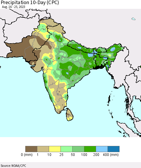 Southern Asia Precipitation 10-Day (CPC) Thematic Map For 8/16/2023 - 8/25/2023