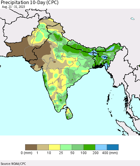 Southern Asia Precipitation 10-Day (CPC) Thematic Map For 8/21/2023 - 8/31/2023