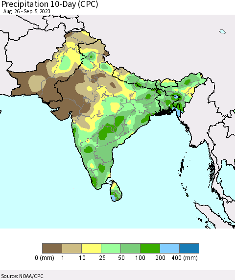 Southern Asia Precipitation 10-Day (CPC) Thematic Map For 8/26/2023 - 9/5/2023