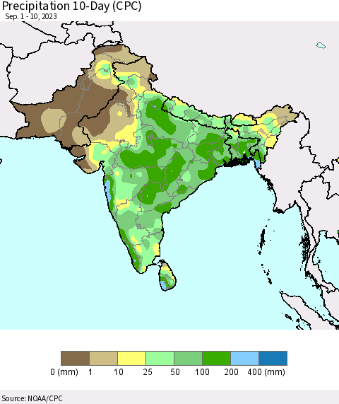 Southern Asia Precipitation 10-Day (CPC) Thematic Map For 9/1/2023 - 9/10/2023