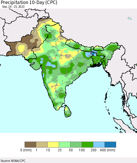 Southern Asia Precipitation 10-Day (CPC) Thematic Map For 9/16/2023 - 9/25/2023