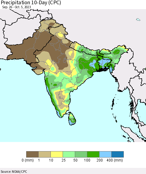 Southern Asia Precipitation 10-Day (CPC) Thematic Map For 9/26/2023 - 10/5/2023