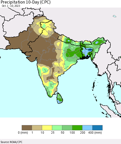 Southern Asia Precipitation 10-Day (CPC) Thematic Map For 10/1/2023 - 10/10/2023