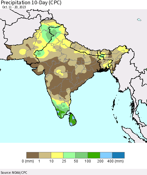 Southern Asia Precipitation 10-Day (CPC) Thematic Map For 10/11/2023 - 10/20/2023
