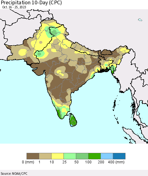 Southern Asia Precipitation 10-Day (CPC) Thematic Map For 10/16/2023 - 10/25/2023