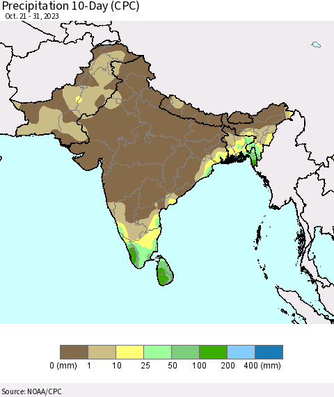 Southern Asia Precipitation 10-Day (CPC) Thematic Map For 10/21/2023 - 10/31/2023