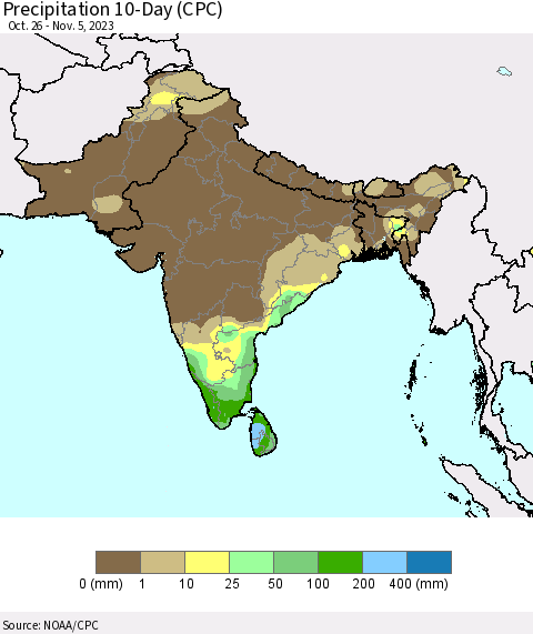 Southern Asia Precipitation 10-Day (CPC) Thematic Map For 10/26/2023 - 11/5/2023