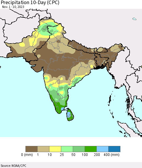 Southern Asia Precipitation 10-Day (CPC) Thematic Map For 11/1/2023 - 11/10/2023