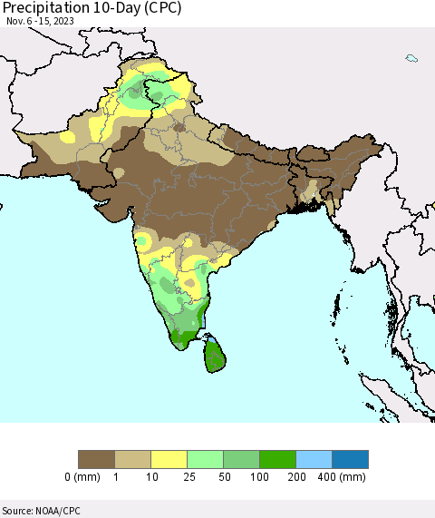 Southern Asia Precipitation 10-Day (CPC) Thematic Map For 11/6/2023 - 11/15/2023