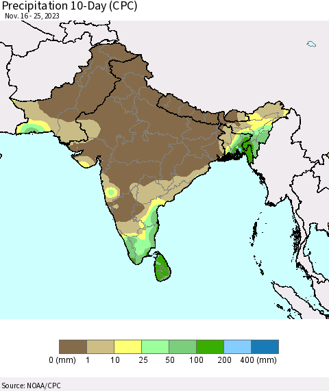 Southern Asia Precipitation 10-Day (CPC) Thematic Map For 11/16/2023 - 11/25/2023