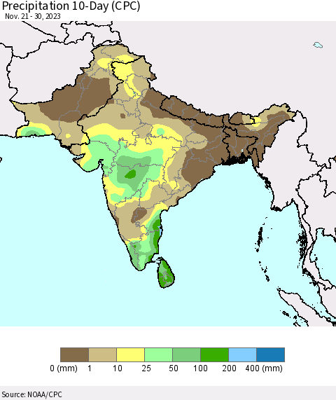 Southern Asia Precipitation 10-Day (CPC) Thematic Map For 11/21/2023 - 11/30/2023