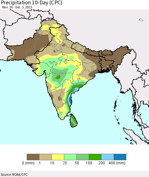 Southern Asia Precipitation 10-Day (CPC) Thematic Map For 11/26/2023 - 12/5/2023
