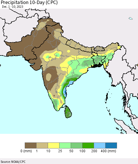 Southern Asia Precipitation 10-Day (CPC) Thematic Map For 12/1/2023 - 12/10/2023