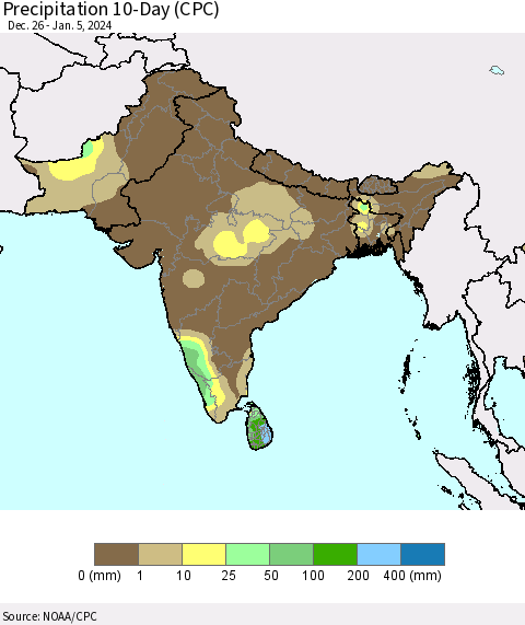 Southern Asia Precipitation 10-Day (CPC) Thematic Map For 12/26/2023 - 1/5/2024