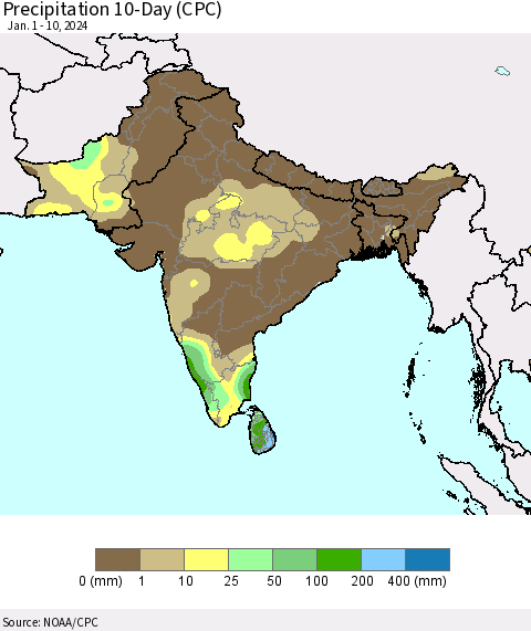 Southern Asia Precipitation 10-Day (CPC) Thematic Map For 1/1/2024 - 1/10/2024