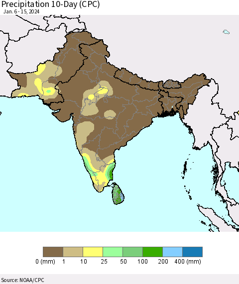 Southern Asia Precipitation 10-Day (CPC) Thematic Map For 1/6/2024 - 1/15/2024
