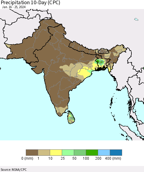 Southern Asia Precipitation 10-Day (CPC) Thematic Map For 1/16/2024 - 1/25/2024