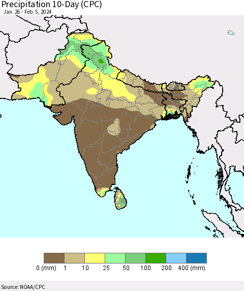 Southern Asia Precipitation 10-Day (CPC) Thematic Map For 1/26/2024 - 2/5/2024