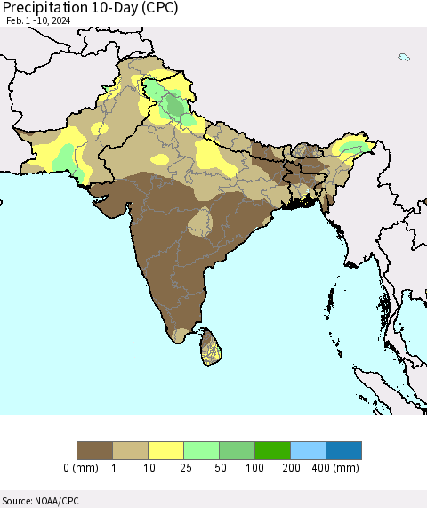Southern Asia Precipitation 10-Day (CPC) Thematic Map For 2/1/2024 - 2/10/2024