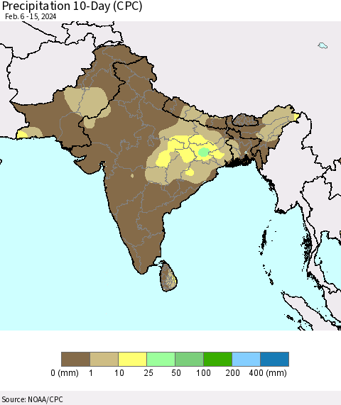 Southern Asia Precipitation 10-Day (CPC) Thematic Map For 2/6/2024 - 2/15/2024