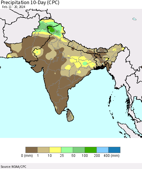 Southern Asia Precipitation 10-Day (CPC) Thematic Map For 2/11/2024 - 2/20/2024