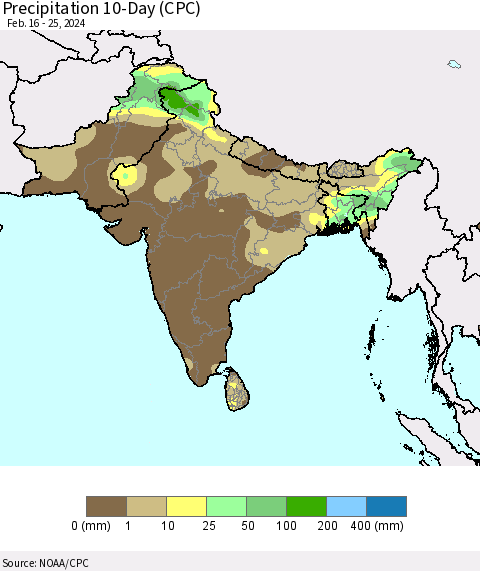Southern Asia Precipitation 10-Day (CPC) Thematic Map For 2/16/2024 - 2/25/2024