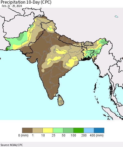 Southern Asia Precipitation 10-Day (CPC) Thematic Map For 2/21/2024 - 2/29/2024