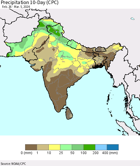 Southern Asia Precipitation 10-Day (CPC) Thematic Map For 2/26/2024 - 3/5/2024