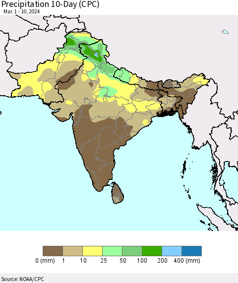 Southern Asia Precipitation 10-Day (CPC) Thematic Map For 3/1/2024 - 3/10/2024