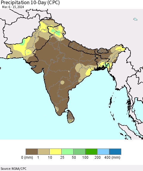 Southern Asia Precipitation 10-Day (CPC) Thematic Map For 3/6/2024 - 3/15/2024