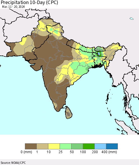 Southern Asia Precipitation 10-Day (CPC) Thematic Map For 3/11/2024 - 3/20/2024