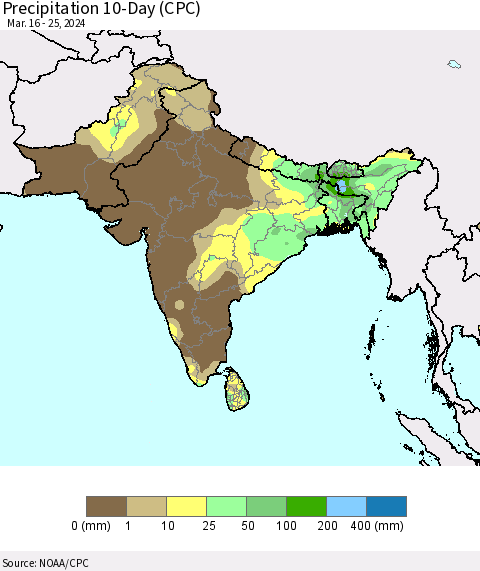 Southern Asia Precipitation 10-Day (CPC) Thematic Map For 3/16/2024 - 3/25/2024