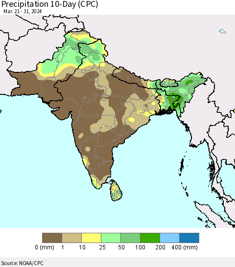 Southern Asia Precipitation 10-Day (CPC) Thematic Map For 3/21/2024 - 3/31/2024