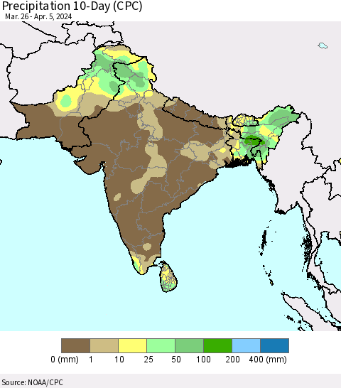 Southern Asia Precipitation 10-Day (CPC) Thematic Map For 3/26/2024 - 4/5/2024
