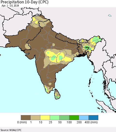 Southern Asia Precipitation 10-Day (CPC) Thematic Map For 4/1/2024 - 4/10/2024