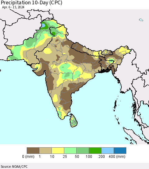 Southern Asia Precipitation 10-Day (CPC) Thematic Map For 4/6/2024 - 4/15/2024