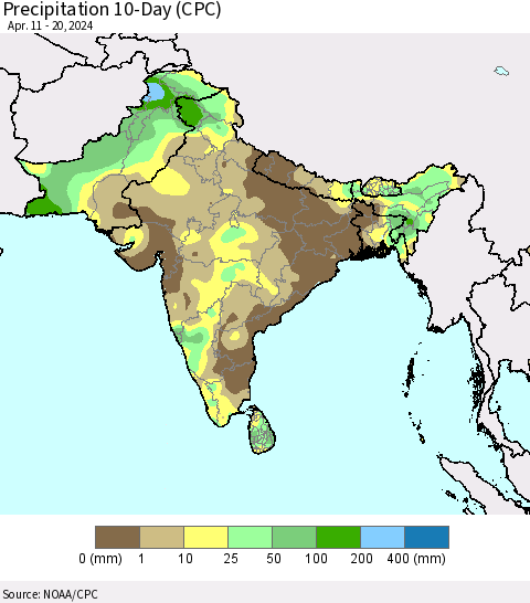 Southern Asia Precipitation 10-Day (CPC) Thematic Map For 4/11/2024 - 4/20/2024