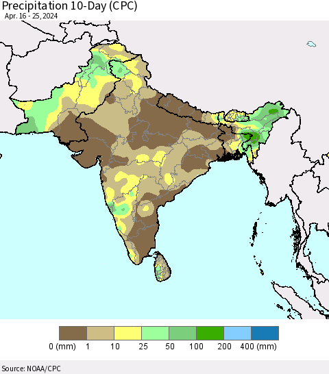 Southern Asia Precipitation 10-Day (CPC) Thematic Map For 4/16/2024 - 4/25/2024