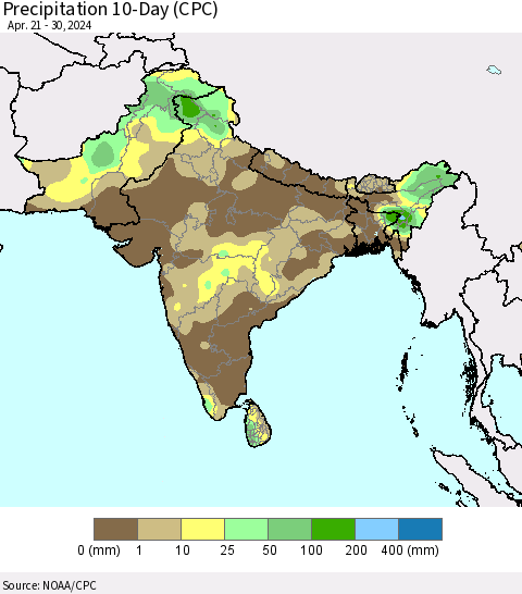 Southern Asia Precipitation 10-Day (CPC) Thematic Map For 4/21/2024 - 4/30/2024