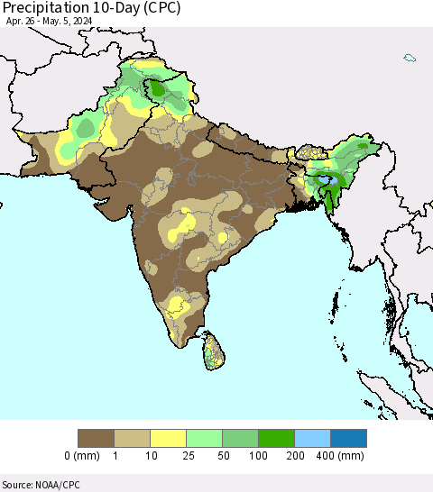 Southern Asia Precipitation 10-Day (CPC) Thematic Map For 4/26/2024 - 5/5/2024