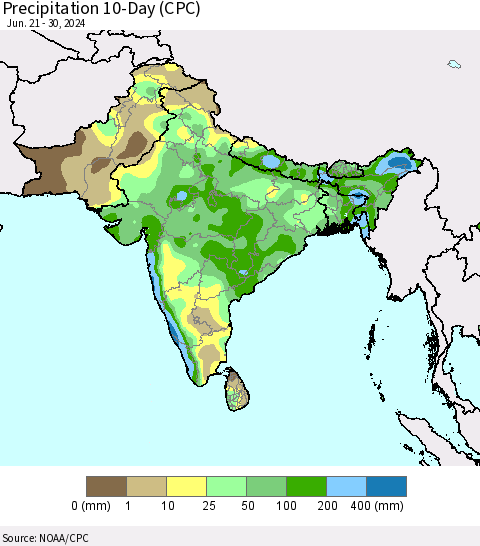 Southern Asia Precipitation 10-Day (CPC) Thematic Map For 6/21/2024 - 6/30/2024