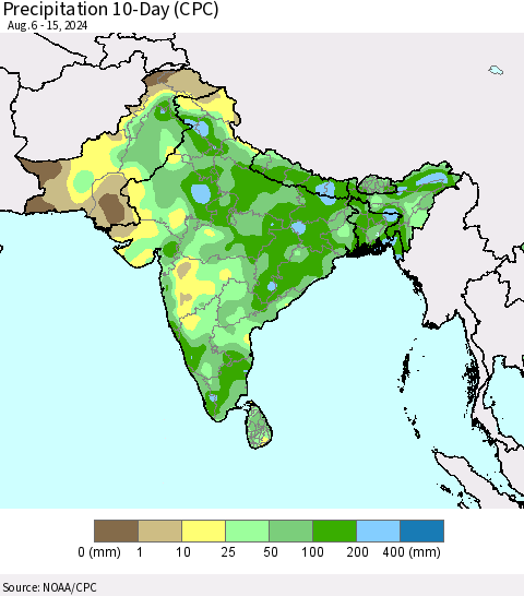 Southern Asia Precipitation 10-Day (CPC) Thematic Map For 8/6/2024 - 8/15/2024