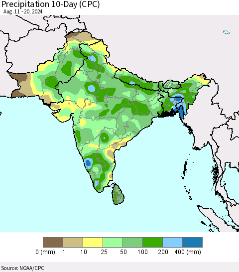 Southern Asia Precipitation 10-Day (CPC) Thematic Map For 8/11/2024 - 8/20/2024