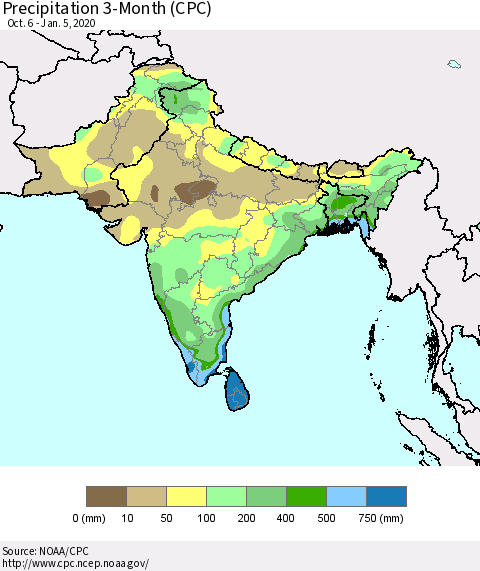 Southern Asia Precipitation 3-Month (CPC) Thematic Map For 10/6/2019 - 1/5/2020