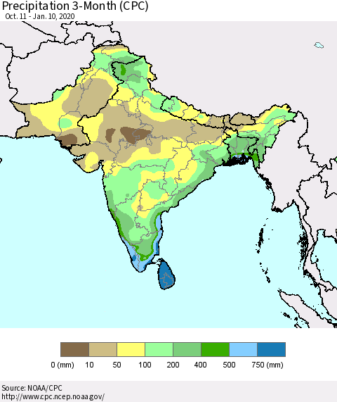 Southern Asia Precipitation 3-Month (CPC) Thematic Map For 10/11/2019 - 1/10/2020