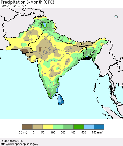 Southern Asia Precipitation 3-Month (CPC) Thematic Map For 10/21/2019 - 1/20/2020
