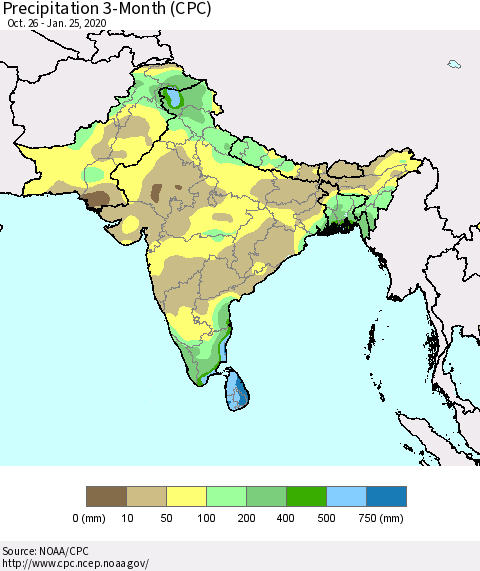 Southern Asia Precipitation 3-Month (CPC) Thematic Map For 10/26/2019 - 1/25/2020