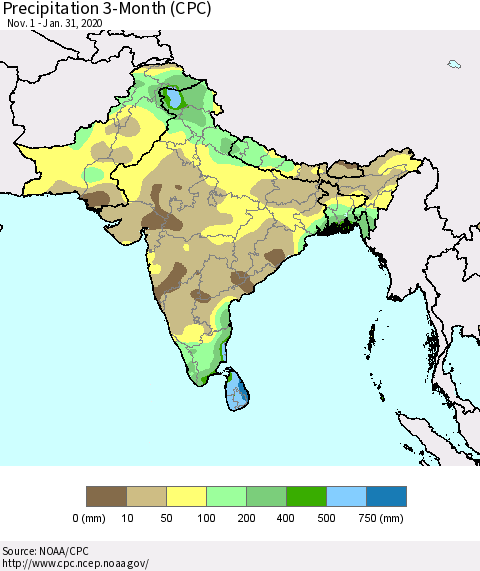 Southern Asia Precipitation 3-Month (CPC) Thematic Map For 11/1/2019 - 1/31/2020