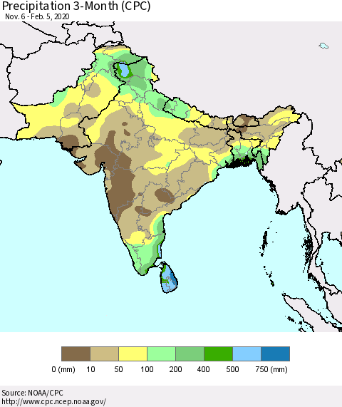Southern Asia Precipitation 3-Month (CPC) Thematic Map For 11/6/2019 - 2/5/2020