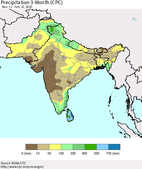 Southern Asia Precipitation 3-Month (CPC) Thematic Map For 11/11/2019 - 2/10/2020